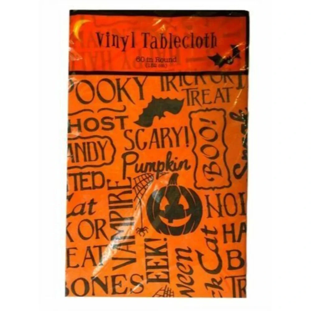 Halloween Vinyl Tablecloth Scary Pumpkins Bats Orange Boo Flannel Backed 60